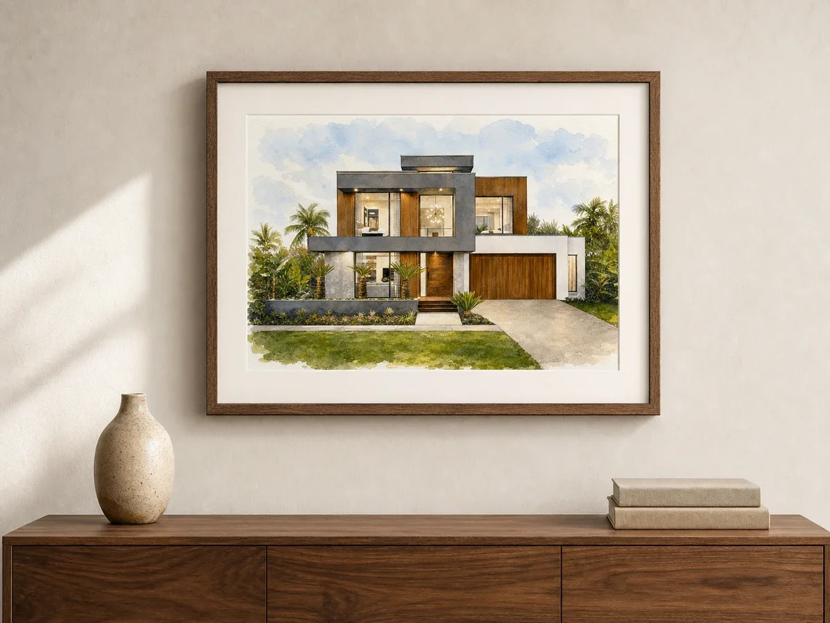 Framed modern home portrait shown on a wall