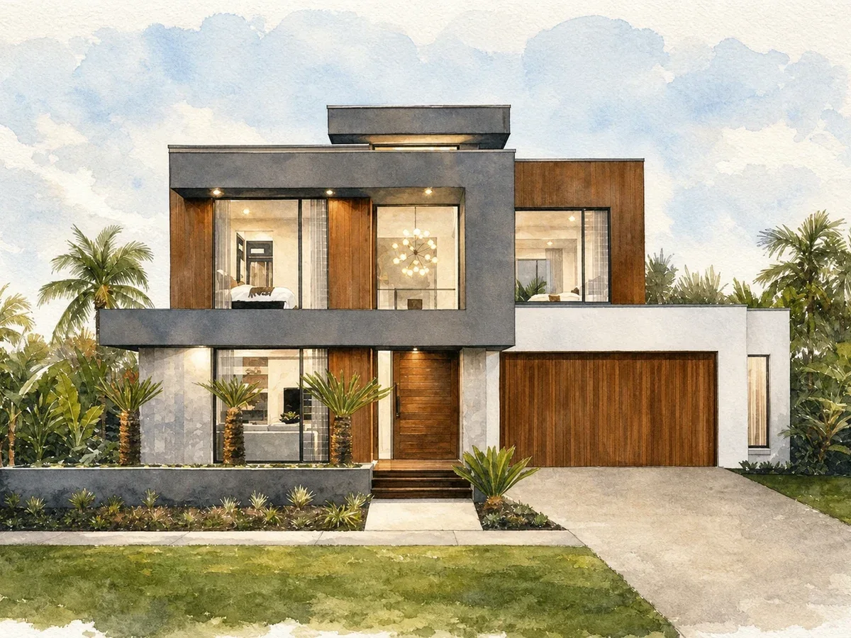 Watercolour artwork preview of the same modern home