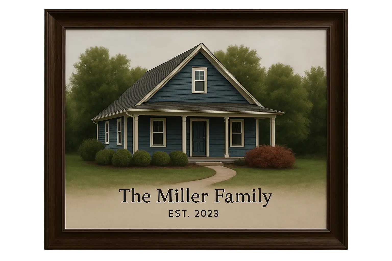 Custom home portrait print displayed in a frame for a family keepsake